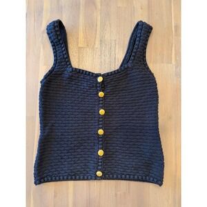 Boston Proper Womens Black Cotton Knit Button Front Tank Top Gold Crest Buttons